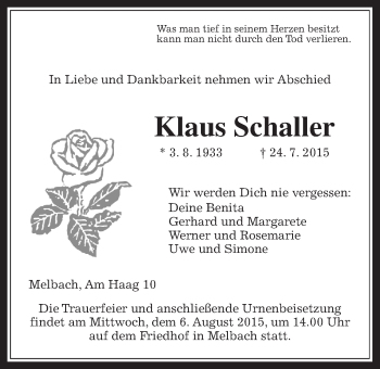 Traueranzeige von Klaus Schaller von Wetterauer Zeitung, Wetterauer Zeitung