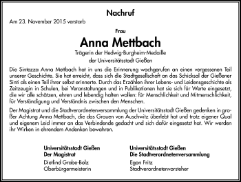 Traueranzeige von Anna Mettbach von Gießener Allgemeine, Alsfelder Allgemeine