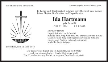 Traueranzeige von Ida Hartmann von Gießener Allgemeine, Alsfelder Allgemeine
