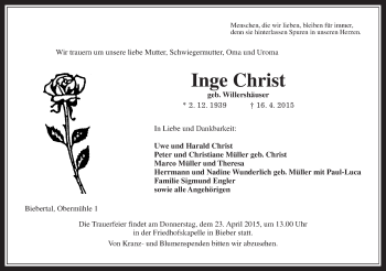 Traueranzeige von Inge Christ von Gießener Allgemeine, Alsfelder Allgemeine