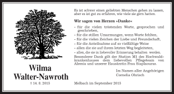 Traueranzeige von Wilma Walter-Nawroth von Wetterauer Zeitung, Wetterauer Zeitung