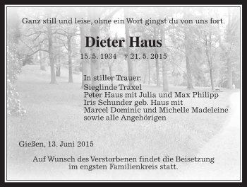 Traueranzeige von Dieter Haus von Gießener Allgemeine, Alsfelder Allgemeine