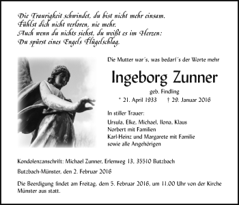 Traueranzeige von Ingeborg Zunner von Wetterauer Zeitung, Wetterauer Zeitung