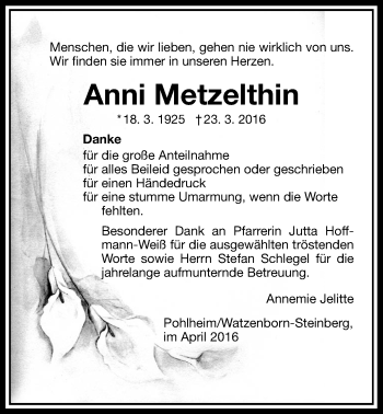 Traueranzeige von Anni Metzelthin von Pohlheimer Nachrichten