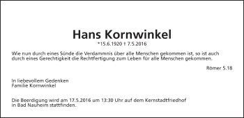 Traueranzeige von Hans Kornwinkel von Wetterauer Zeitung, Wetterauer Zeitung
