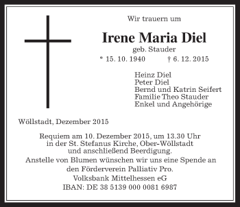 Traueranzeige von Irene Maria Diel von Wetterauer Zeitung, Wetterauer Zeitung
