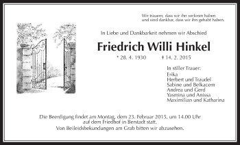 Traueranzeige von Friedrich Wili Hinkel von Wetterauer Zeitung, Wetterauer Zeitung