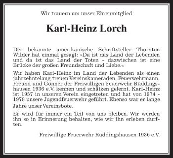 Traueranzeige von Karl-Heinz Lorch von Rabenauer Zeitung