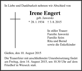 Traueranzeige von Irene Engert von Gießener Allgemeine, Alsfelder Allgemeine