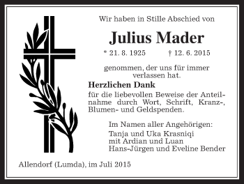 Traueranzeige von Julius Mader von Allendorfer Mitteilungen