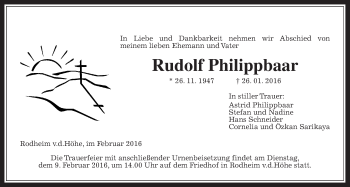 Traueranzeige von Rudolf Philippbaar von Wetterauer Zeitung, Wetterauer Zeitung