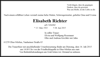 Traueranzeige von Elisabeth Richter von Wetterauer Zeitung, Wetterauer Zeitung