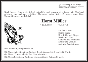 Traueranzeige von Horst Müller von Wetterauer Zeitung, Wetterauer Zeitung