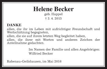 Traueranzeige von Helene Becker von Rabenauer Zeitung