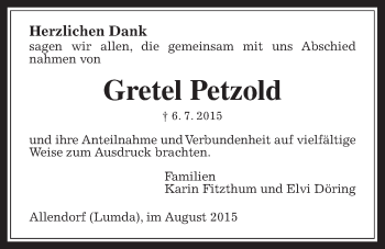Traueranzeige von Gretel Petzold von Allendorfer Mitteilungen