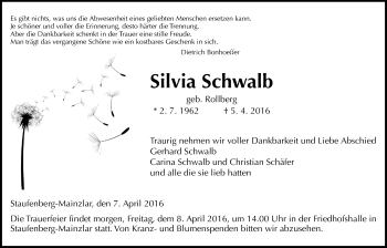 Traueranzeige von Silvia Schwalb von Gießener Allgemeine, Alsfelder Allgemeine