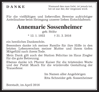 Traueranzeige von Annemarie Sossenheimer von Wetterauer Zeitung, Wetterauer Zeitung