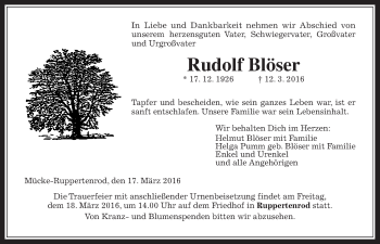 Traueranzeige von Rudolf Blöser von Alsfelder Allgemeine