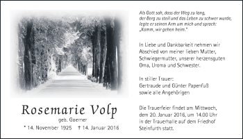 Traueranzeige von Rosemarie Volp von Wetterauer Zeitung, Wetterauer Zeitung