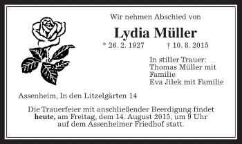 Traueranzeige von Lydia Müller von Wetterauer Zeitung, Wetterauer Zeitung
