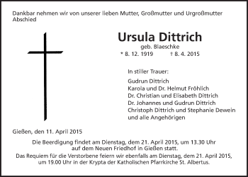 Traueranzeige von Ursula Dittrich von Gießener Allgemeine, Alsfelder Allgemeine