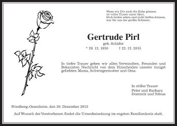 Traueranzeige von Gertrude Pirl von Wetterauer Zeitung, Wetterauer Zeitung