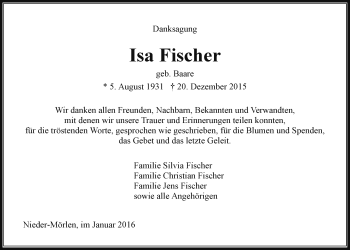 Traueranzeige von Isa Fischer von Wetterauer Zeitung, Wetterauer Zeitung