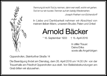 Traueranzeige von Arnold Bäcker von Wetterauer Zeitung, Wetterauer Zeitung