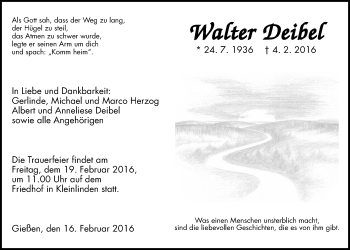 Traueranzeige von Walter Deibel von Gießener Allgemeine, Alsfelder Allgemeine