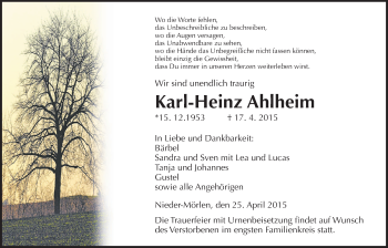 Traueranzeige von Karl-Heinz Ahlheim von Wetterauer Zeitung, Wetterauer Zeitung