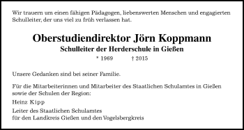 Traueranzeige von Jörn Koppmann von Gießener Allgemeine, Alsfelder Allgemeine, Wetterauer Zeitung, Wetterauer Zeitung
