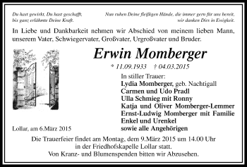 Traueranzeige von Erwin Momberger von Gießener Allgemeine, Alsfelder Allgemeine