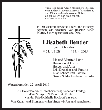 Traueranzeige von Elisabeth Bender von Gießener Allgemeine, Alsfelder Allgemeine