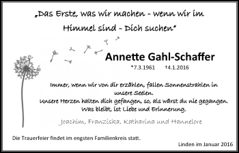 Traueranzeige von Annette Gahl-Schaffer von Gießener Allgemeine, Alsfelder Allgemeine