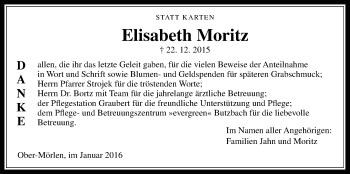Traueranzeige von Elisabetha Moritz von Wetterauer Zeitung, Wetterauer Zeitung