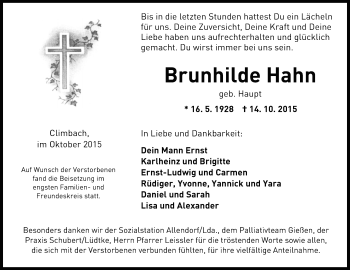 Traueranzeige von Brunhilde Hahn von Gießener Allgemeine, Alsfelder Allgemeine
