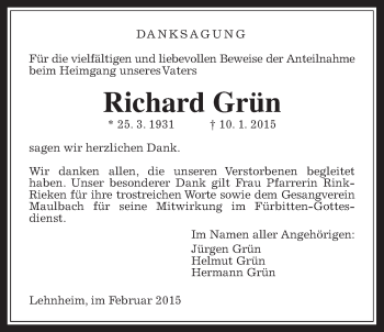 Traueranzeige von Richard Grün von Gießener Allgemeine, Alsfelder Allgemeine