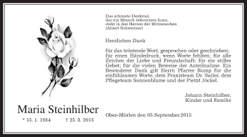 Traueranzeige von Maria Steinhilber von Wetterauer Zeitung, Wetterauer Zeitung