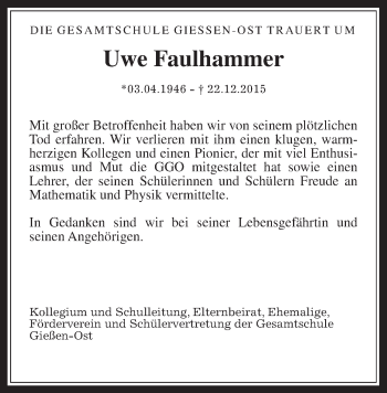 Traueranzeige von Uwe Faulhammer von Gießener Allgemeine, Alsfelder Allgemeine