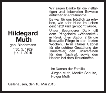 Traueranzeige von Hildegard Muth von Gießener Allgemeine, Alsfelder Allgemeine