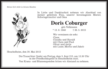 Traueranzeige von Doris Coburger von Gießener Allgemeine, Alsfelder Allgemeine