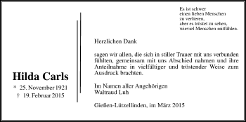 Traueranzeige von Hilda Carls von Gießener Allgemeine, Alsfelder Allgemeine