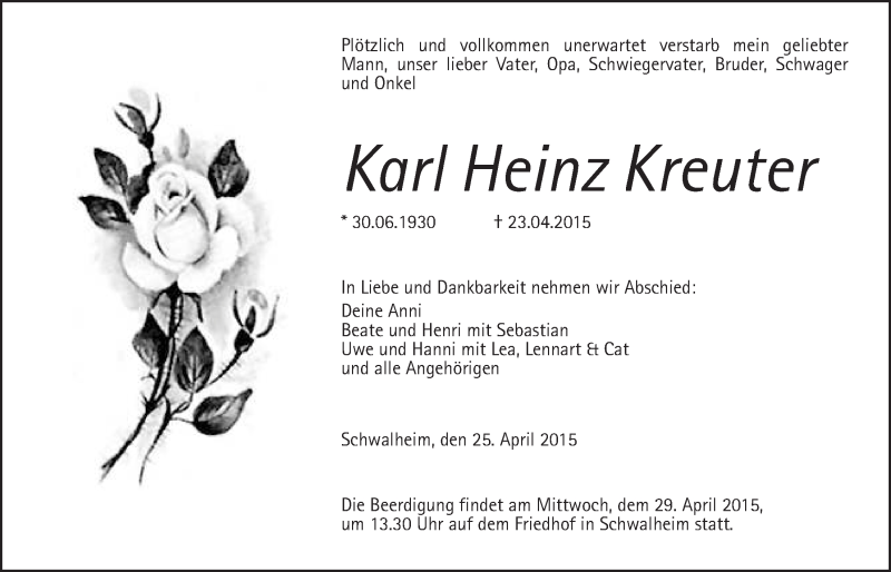  Traueranzeige für Karl Heinz Kreuter vom 25.04.2015 aus Wetterauer Zeitung, Wetterauer Zeitung
