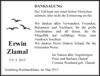 Traueranzeige von Erwin Zlamal von Gießener Allgemeine, Alsfelder Allgemeine