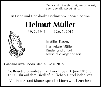 Traueranzeige von Helmut Müller von Gießener Allgemeine, Alsfelder Allgemeine