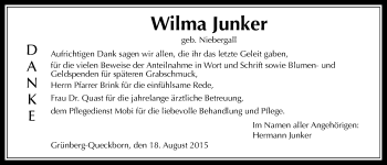 Traueranzeige von Wilma Junker von Gießener Allgemeine, Alsfelder Allgemeine