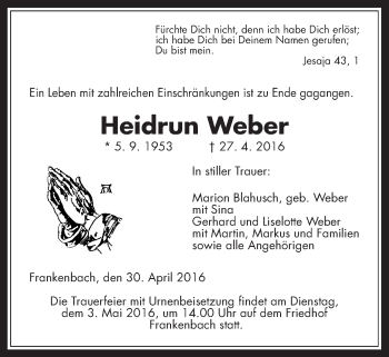 Traueranzeige von Heidrun Weber von Gießener Allgemeine, Alsfelder Allgemeine