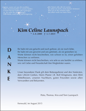 Traueranzeige von Kim Celine Launspach von Gießener Allgemeine, Alsfelder Allgemeine