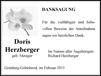 Traueranzeige von Doris Herzberger von Gießener Allgemeine, Alsfelder Allgemeine