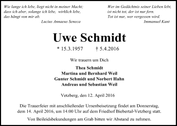 Traueranzeige von Uwe Schmidt von Gießener Allgemeine, Alsfelder Allgemeine